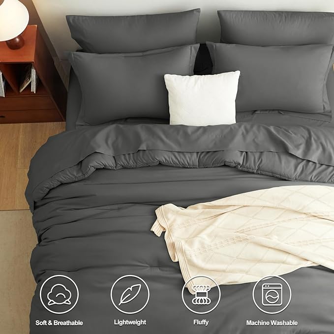 CozyLux Oversized Queen Comforter Set Dark Grey, 7 Pieces Bed in a Bag - Image 2