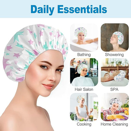 6 PCS Shower Caps for Women, Double Side Waterproof Shower Cap, Reusable - Image 2