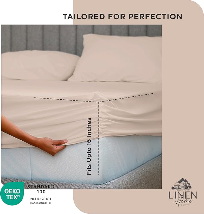 Linen Home 100% Cotton Percale Weave Fitted Sheet, Queen Size, Sand Shell - Image 3