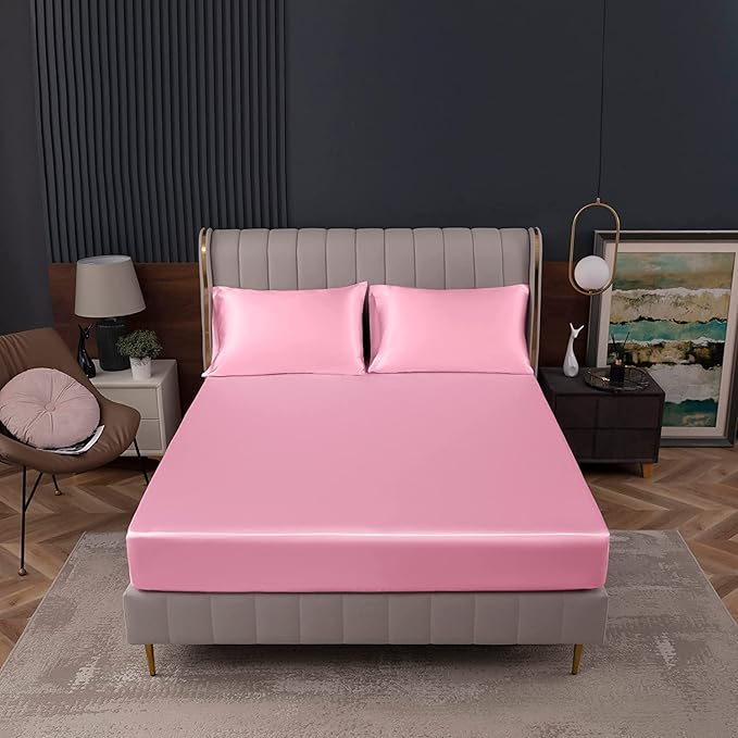 Homiest Pink Satin Fitted Twin XL Size Bed Sheet, Deep Pocket, Luxury & Ultra - Image 2