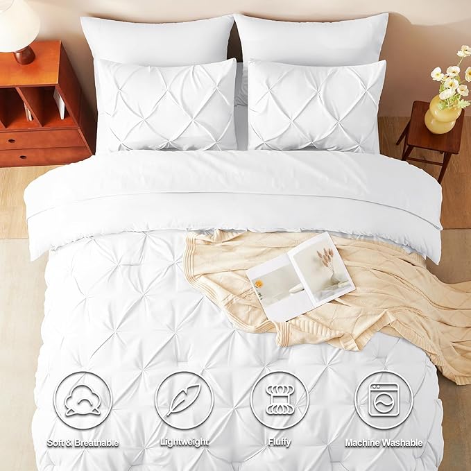 CozyLux King Size Comforter Set White, 7 Pieces Pintuck Bed in A Bag White - Image 2