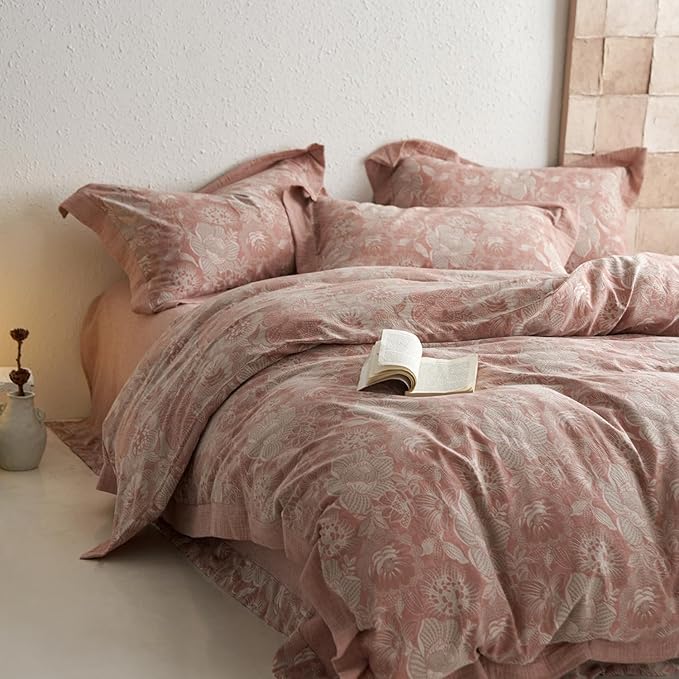 mixinni Duvet Cover Queen, Premium Cotton Double-Layer Yarn Pink Floral - Image 2