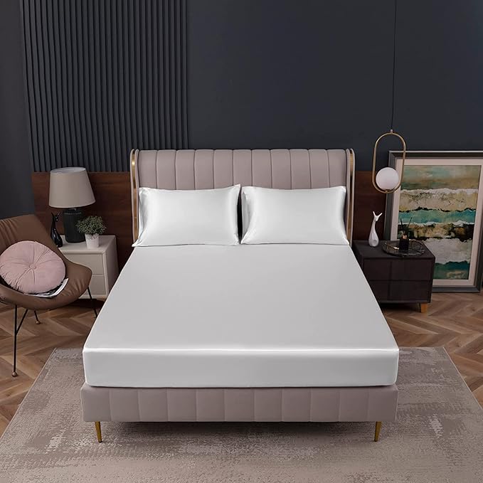 Homiest White Satin Fitted Twin XL Size Bed Sheet, Deep Pocket, Luxury & Ultra - Image 2
