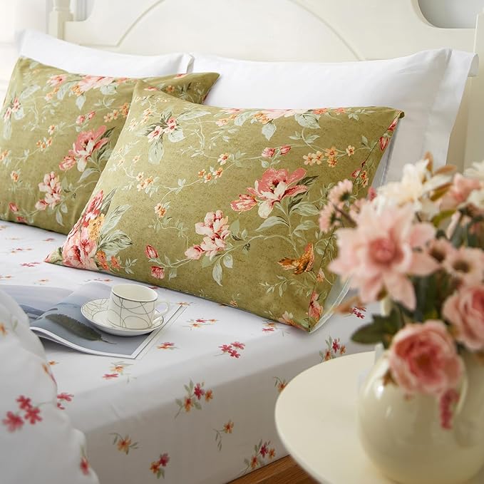 mixinni Duvet Cover Queen Size, Long Staple Cotton Reversible Green Floral - Image 4