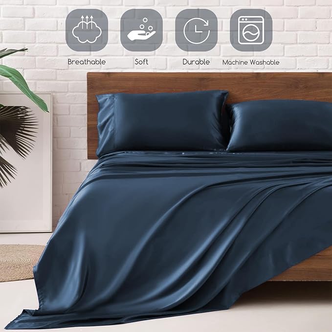 MR&HM Satin Bed Sheets with Elastic Corner Straps, Full Size Sheets Set - Image 6