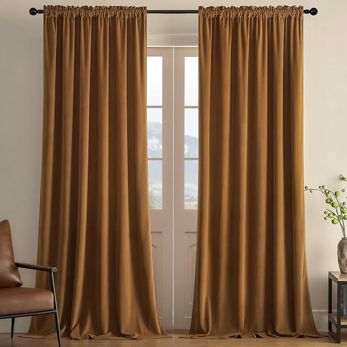 Joydeco Camel Brown Velvet Curtains 63 inch Length 2 Panels, Luxury Blackout by JOYDECO