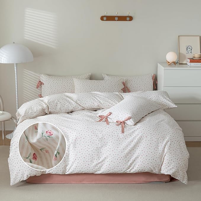 mixinni White Flower Pattern Duvet Cover King Pink Floral Stripes Duvet Cover - Image 2