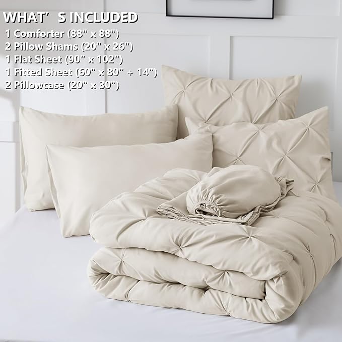 CozyLux Queen Comforter Set Beige, 7 Pieces Pintuck Bed in A Bag, Premium Beige - Image 7