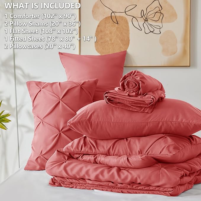 CozyLux King Size Comforter Set Coral, 7 Pieces Pintuck Bed in A Bag Coral - Image 6