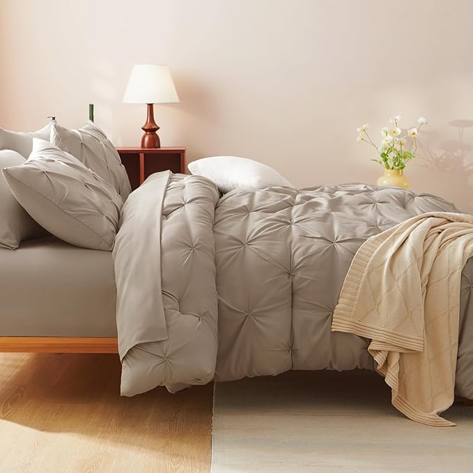 CozyLux Queen Comforter Set Khaki, 7 Pieces Pintuck Bed in A Bag, Premium Khaki - Image 6