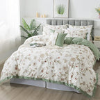 FADFAY Floral Bedding Set Queen 100% Cotton Shabby and Chic Beige Green - Image 9