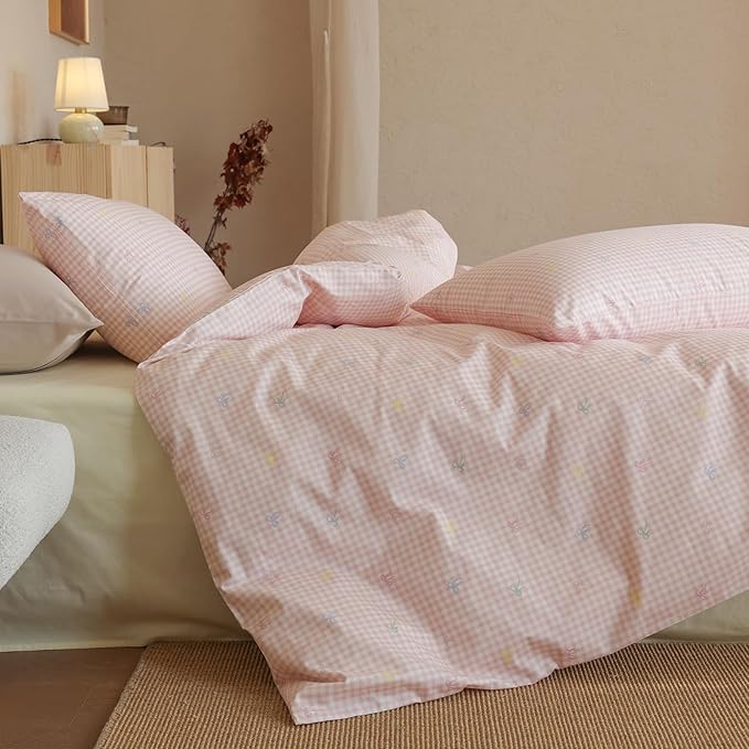 mixinni Gingham Duvet Cover Twin XL Size, 100% Cotton Light Pink and White - Image 2