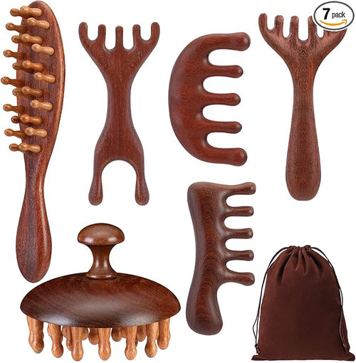 6 Pcs Natural Wooden Scalp Massager Comb Tool Set by Yiyiring