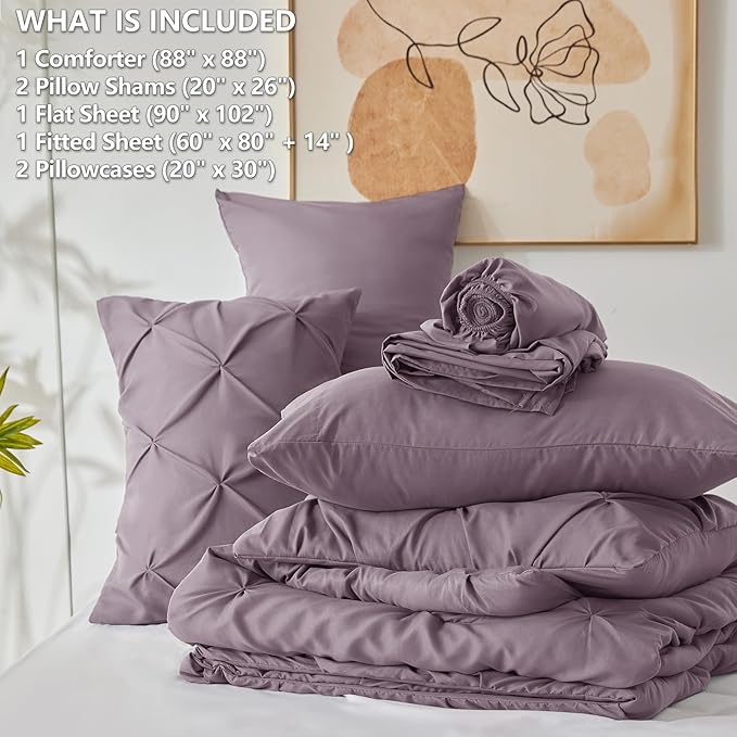CozyLux Queen Comforter Set Grayish Purple, 7 Pieces Pintuck Bed in A Bag - Image 5