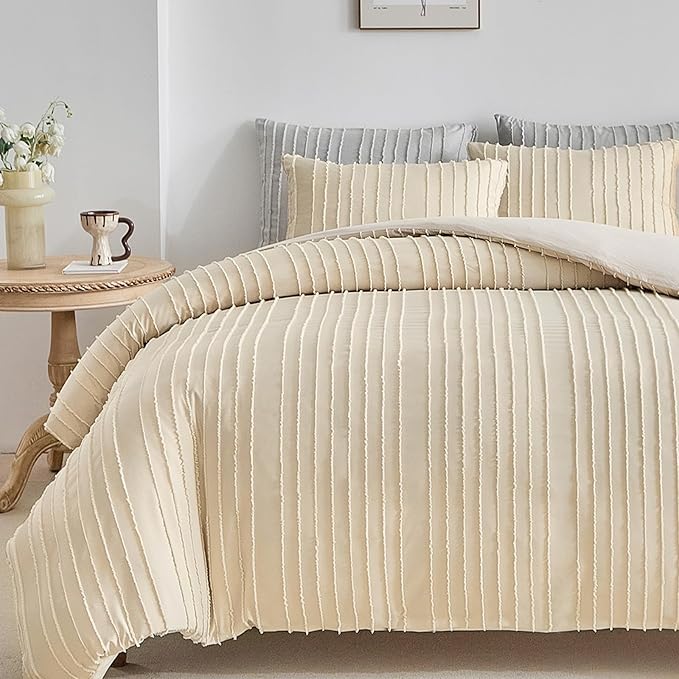 WARMDERN Tufted Duvet Cover Set King Size, Khaki Striped Textured Boho Bedding - Image 8