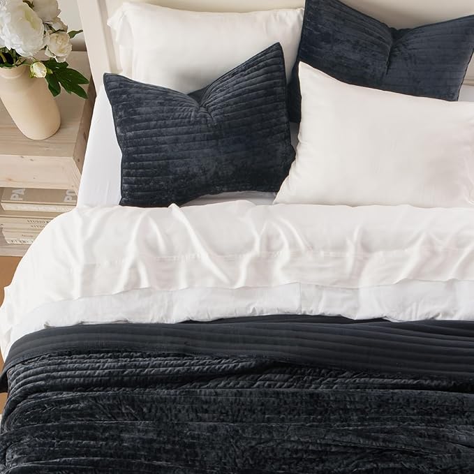 EVERGRACE Velvet Quilt Set King Size, Luxurious Soft Striped Channel Bedding Set - Image 3
