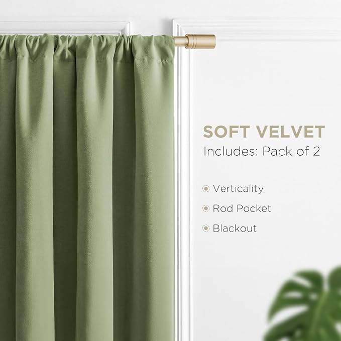 Joydeco Coconut Green Velvet Curtains 108 Inches 2 Panels, Luxury Thermal - Image 3