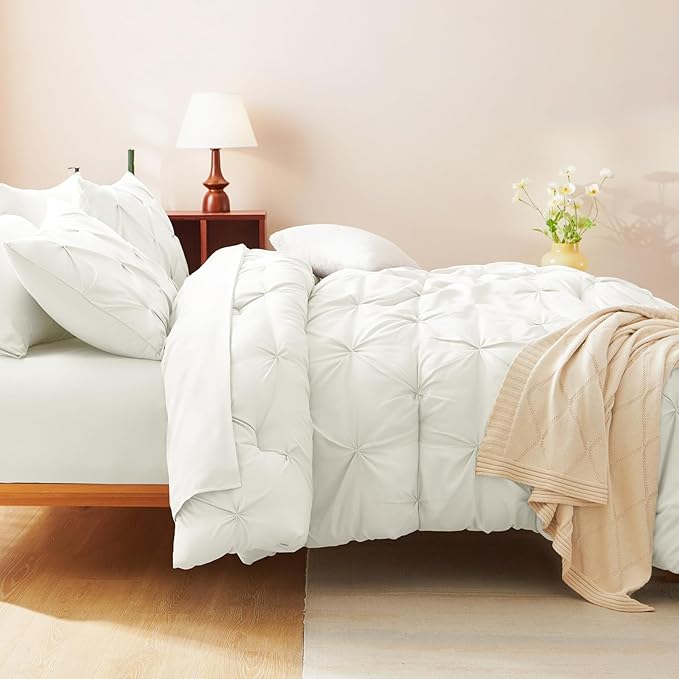 CozyLux Full Size Comforter Sets Ivory, 7 Pieces Pintuck Bed in A Bag Ivory - Image 6