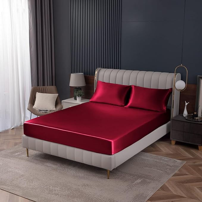 Homiest Burgundy Satin Fitted Sheet Twin Size, Deep Pocket, Luxury & Ultra Soft by Homiest