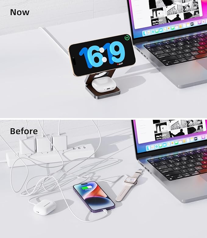 Foldable Magnetic Wireless Charger, KU XIU Aluminum Alloy 3 in 1 Charging - Image 4