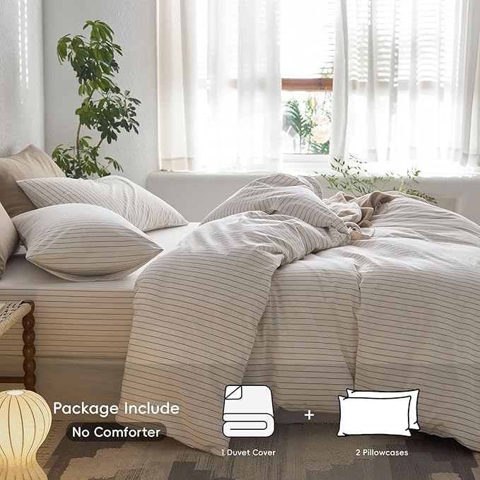 MooMee Striped Duvet Cover Set 100% Washed Cotton Linen Like Textured - Image 2