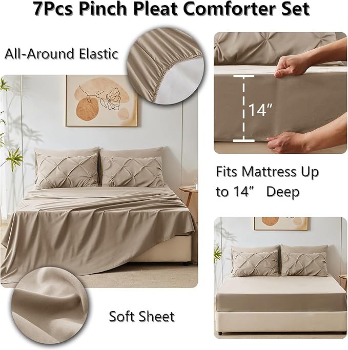 CozyLux King Size Comforter Set Khaki, 7 Pieces Pintuck Bed in A Bag Khaki - Image 4