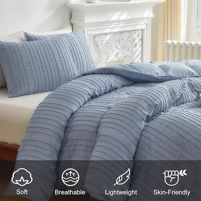 WARMDERN Blue Striped Duvet Cover Set, Boho Textured Tufted Bedding, 2 Piece - Image 3