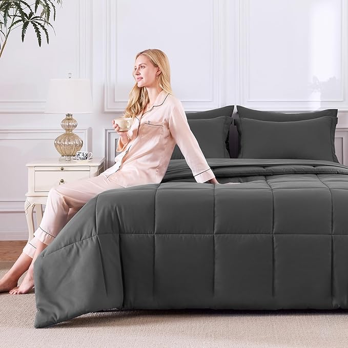 CozyLux Oversized Queen Comforter Sets Dark Grey, 7 Pieces Bed in a Bag - Image 7