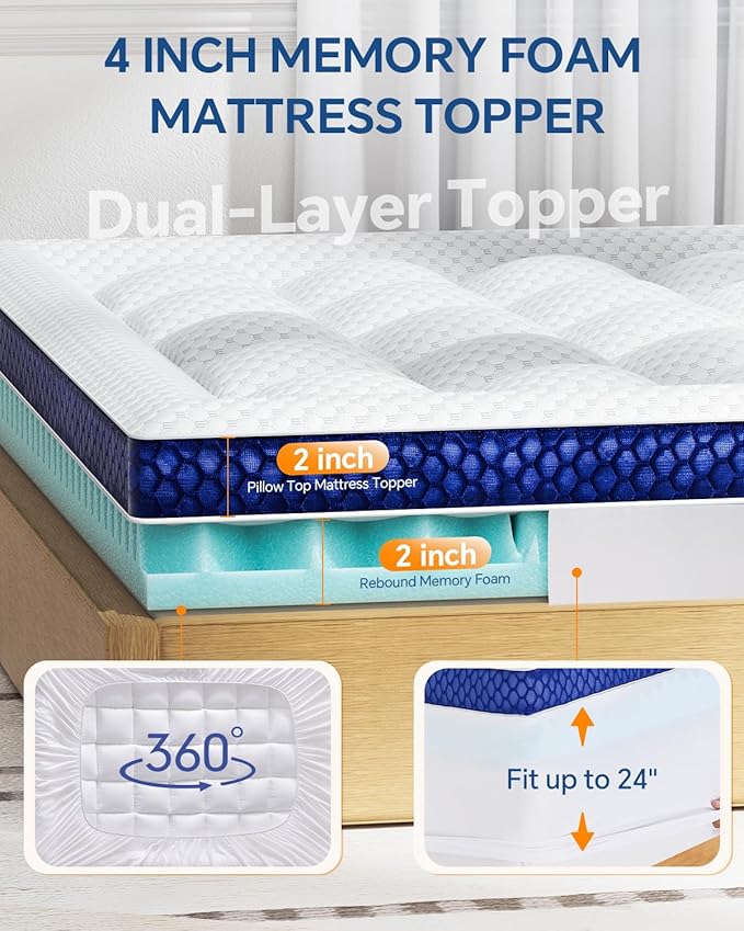 BEDELITE Full Mattress Topper Dual Layer 4 Inch Memory Foam Mattress Topper - Image 5