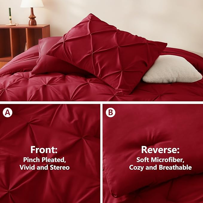 CozyLux King Size Comforter Set Dark Red, 7 Pieces Pintuck Bed in A Bag Red - Image 3