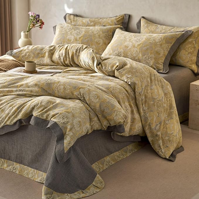mixinni Duvet Cover King, Premium Cotton Double-Layer Yarn Golden Floral - Image 8