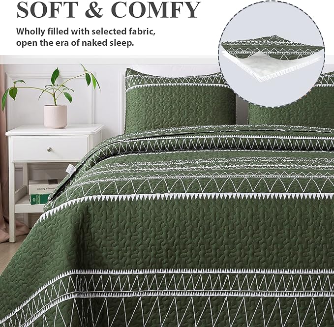 Andency Green King Size Quilt Set, 3 Pieces Boho Lightweight Soft Striped - Image 3