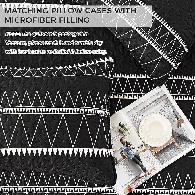 Andency Black California King Quilt Set, 3 Pieces Boho Lightweight Soft Striped - Image 6