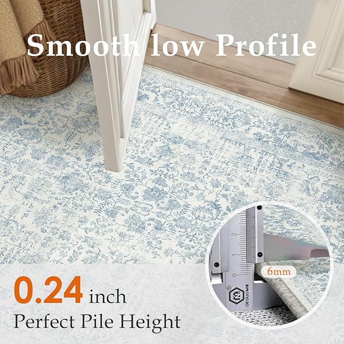 Blue Area Rug 6x9 Machine Washable Vintage Living Room Distressed Non Slip - Image 3