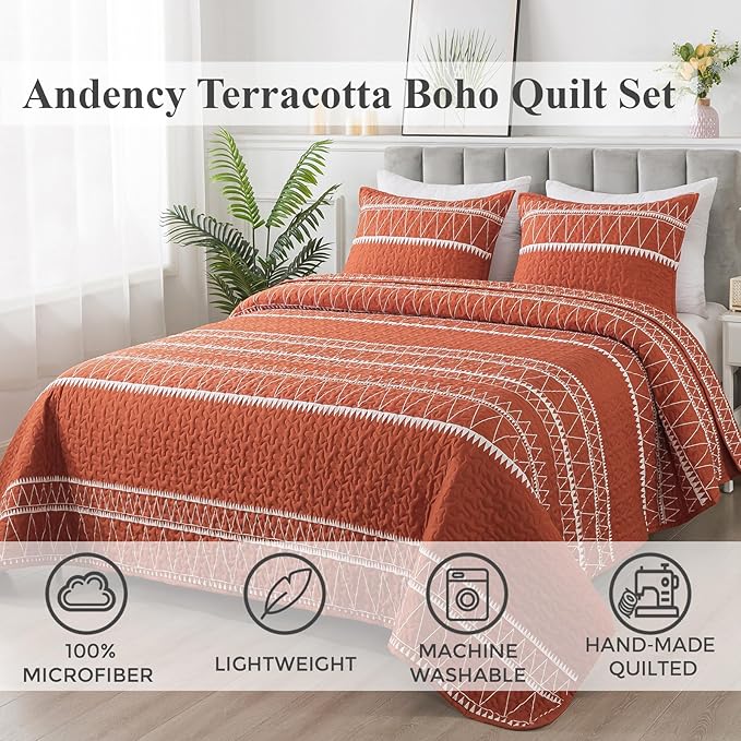 Andency Terracotta Oversized Super King Quilt Set, 3 Pieces Boho Lightweight - Image 2