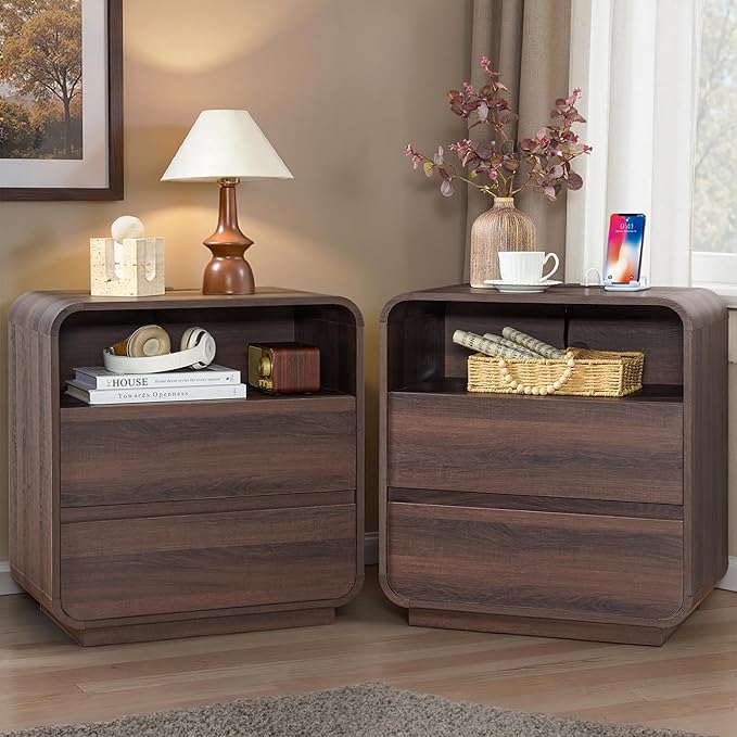 Modern Walnut Nightstand, 2 Storage Drawers Side Table Curved Profile, - Image 9