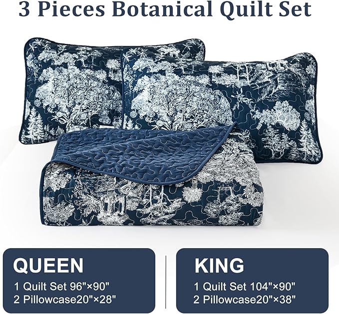 WONGS BEDDING Quilt Set King Size, 3 Pieces Navy Blue Botanical Floral Printed - Image 7
