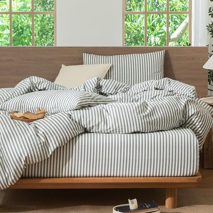 MooMee Striped Duvet Cover Set 100% Washed Cotton Linen Like Textured - Image 4