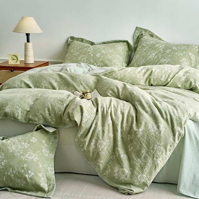 mixinni 100% Washed Cotton Cover Set, Reversible Vintage Green Floral Butterfly - Image 2