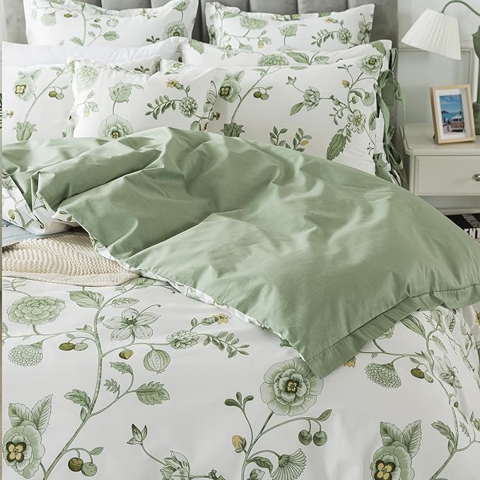 FADFAY Green Duvet Cover Set Full Floral Bedding 100% Cotton Shabby Vintage - Image 9