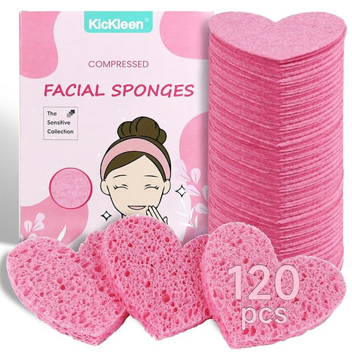 120-Count Kickleen Compressed Cellulose Heart Shape Facial Sponges | Natural by KICKLEEN