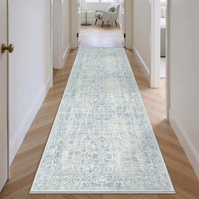 Blue Runner Rug 2x8 Hallway Machine Washable Kitchen Vintage Distressed Non - Image 5