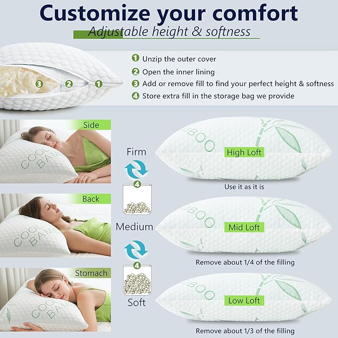 Shredded Memory Foam Pillow, Cooling Pillow Queen Size 1 Pack Adjustable Firm - Image 3