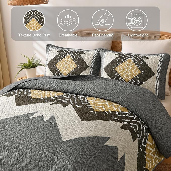 Dintszyayue Boho Quilt Set King Size, 3 Pieces Texture Southwestern Gray - Image 5