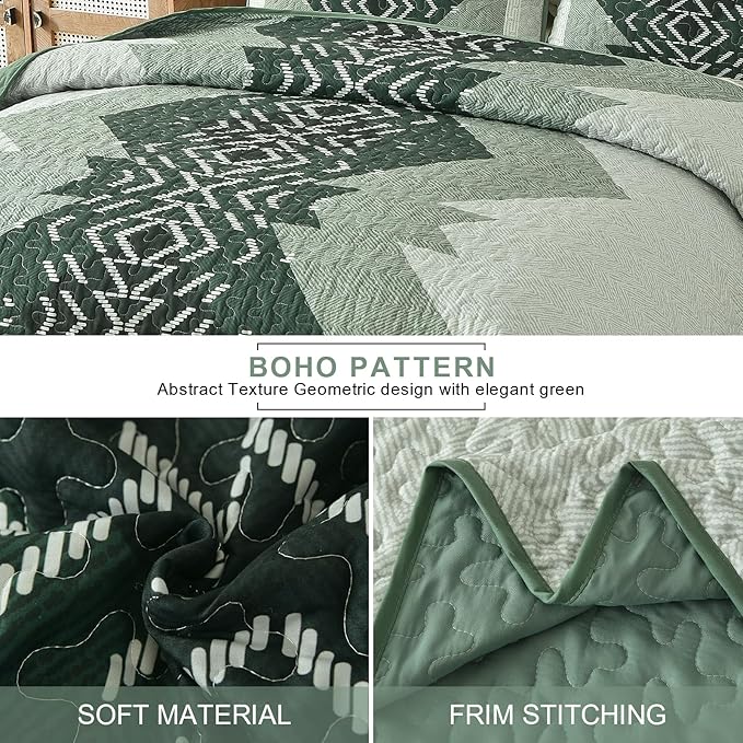 Dintszyayue Green Boho Quilt Set King Size, 3 Piece Aztec Texture Bedspread - Image 4