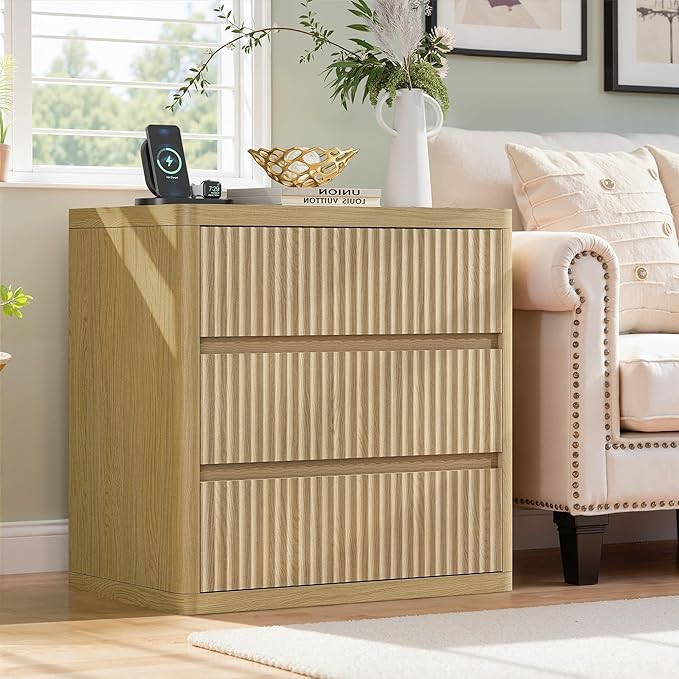 Fluted Nightstand with 3 Drawers, Wood Night Stand with Storage， 25" Wide - Image 2