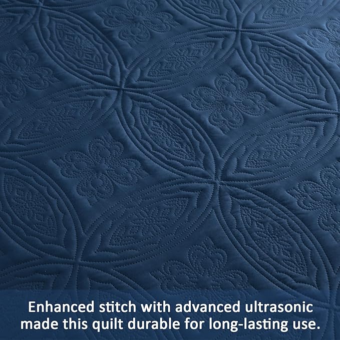 Yiran Navy Blue Quilt Set Queen Size Lightweight Bedspread Embossed Pattern - Image 5