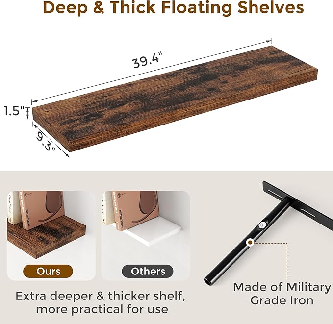 40 Inch Floating Shelves for Wall, 9.3 Inch Deep Shelves for Books & Decor - Image 3