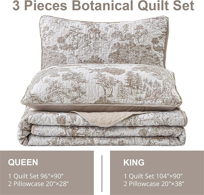 WONGS BEDDING Botanical Quilt Set King, Floral 3 Pieces Khaki Plants Printed - Image 6
