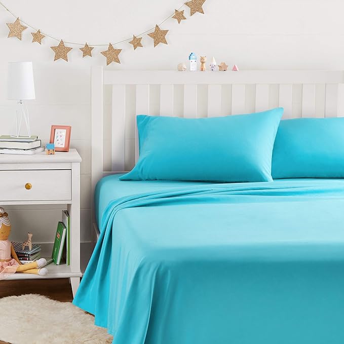 Amazon Basics Kid's Breathable Soft Microfiber 4-Piece Sheet Set, Bright Aqua by AmazonBasics